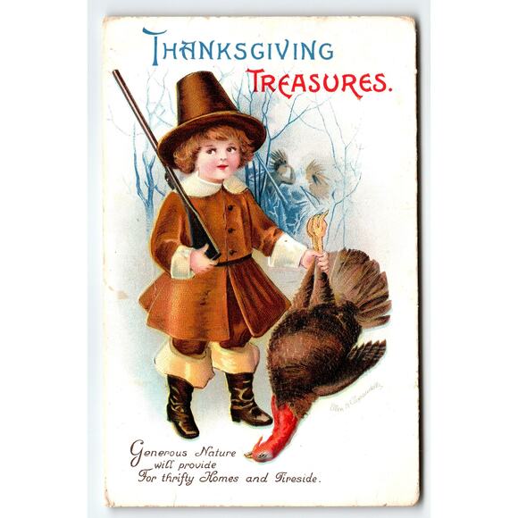 Vintage Thanksgiving Pilgrim Child Turkey Litho Postcard Ellen H. Clapsaddle - Picture 1 of 2
